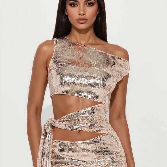 Fashion Nova Rose Gold One-Shoulder Sequin Cutout Dress - Picture 1 of 2